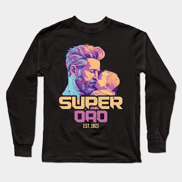 Super New Bearded Dad Est 2023 Distressed Retro Vintge Style Long Sleeve T-Shirt by missalona